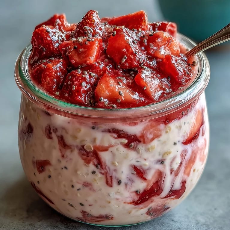 Creamy overnight oats infused with strawberries, lemon zest, and poppy seeds for a refreshing, protein-packed breakfast.