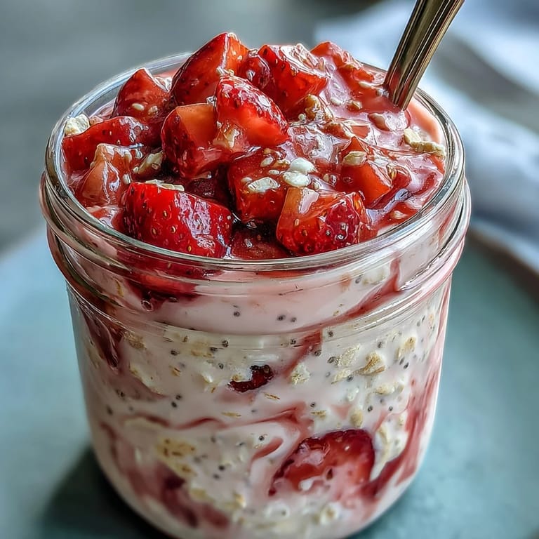 Refreshing strawberry lemonade overnight oats with poppy seeds, perfect for a healthy, make-ahead morning meal.