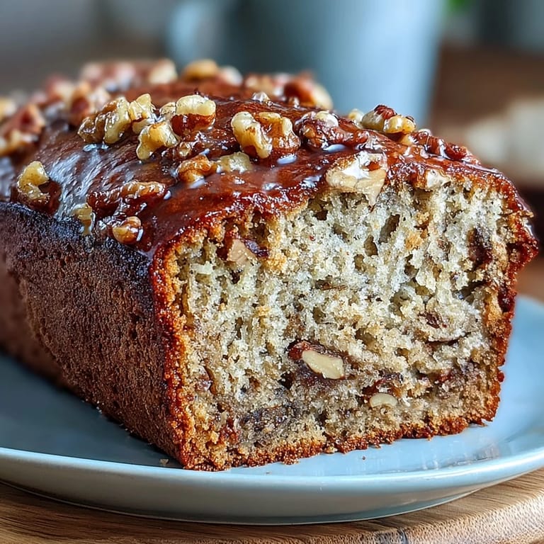 Moist banana walnut loaf baked with sourdough discard, featuring a caramelized brown sugar topping and crunchy nut pieces.