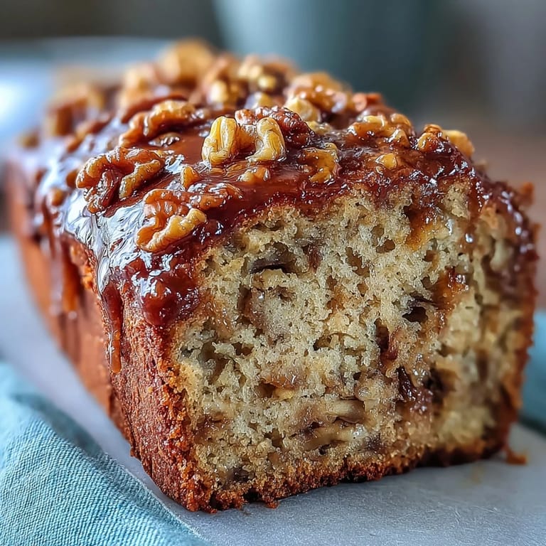 Classic banana bread recipe with tangy sourdough discard, toasted walnuts, and a crisp brown sugar crust slice.