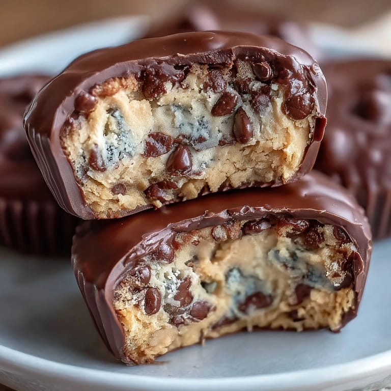 Creamy peanut butter cups with a surprise center of homemade edible cookie dough, topped with smooth melted chocolate.
