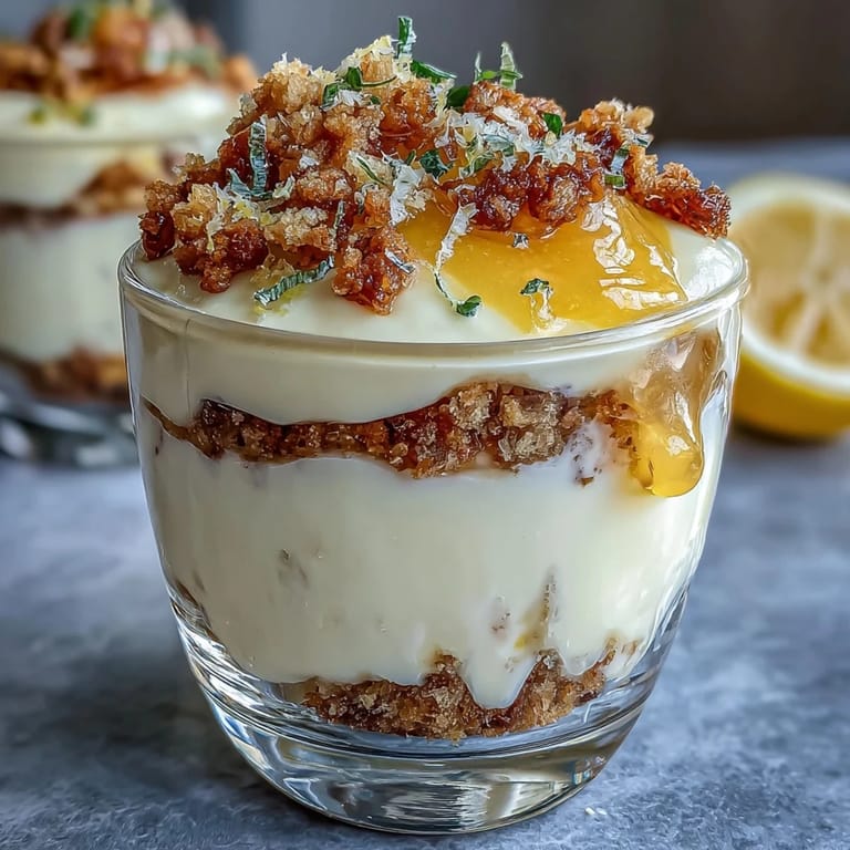 Creamy Greek yogurt parfait with zesty lemon curd, buttery sourdough crumb topping, and vibrant berries in a glass, perfect for a refreshing dessert or brunch.