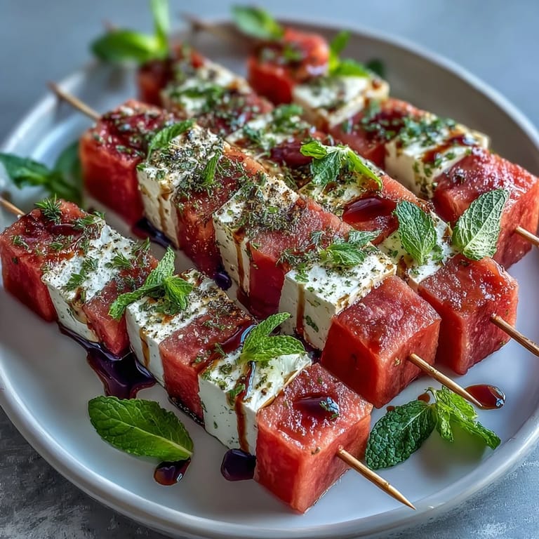 Vibrant watermelon feta skewers drizzled with olive oil and balsamic glaze, perfect for effortless summer entertaining.