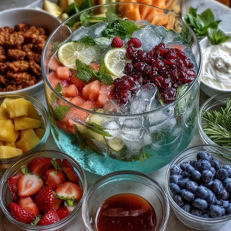 Create your own custom lemonade at this colorful DIY bar featuring strawberries, mint, cucumber, and sparkling water options.  