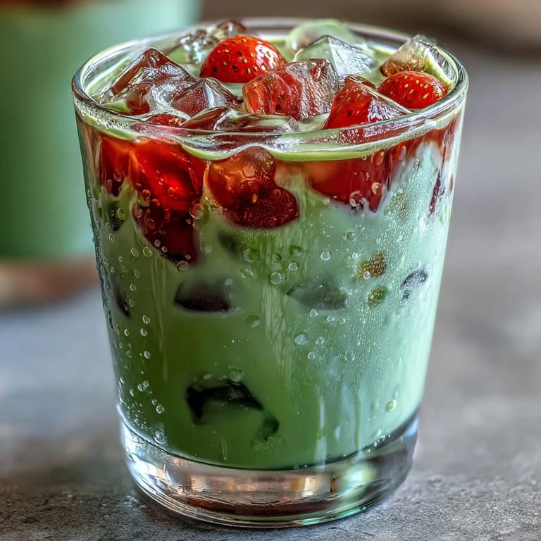 Layered iced strawberry matcha latte featuring homemade strawberry syrup, smooth matcha, and rich vanilla sweet cream over ice in tall glasses.