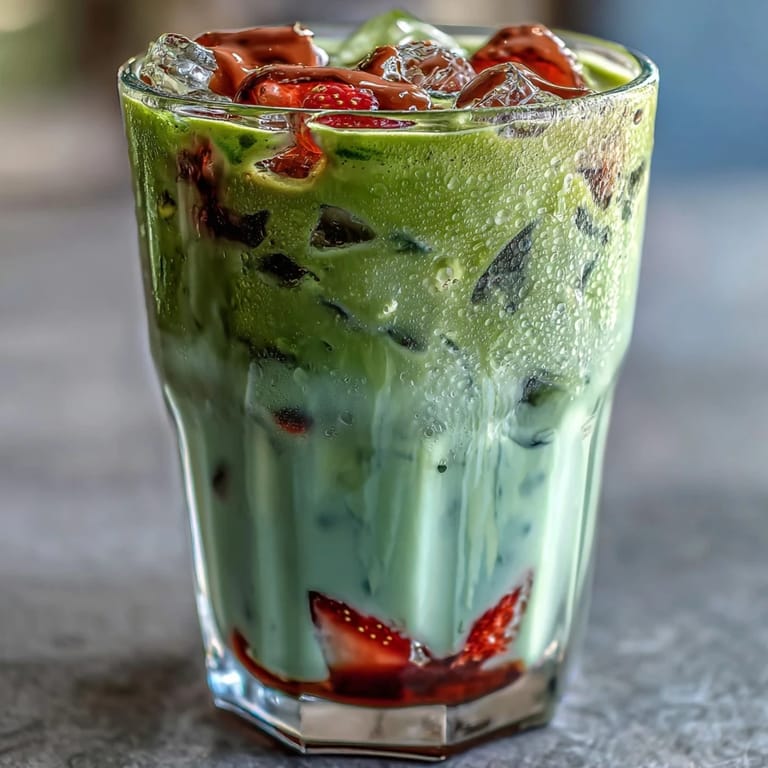 Refreshing iced matcha latte with sweet strawberry puree and creamy vanilla topping, perfect for warm summer days and afternoon pick-me-ups.  
