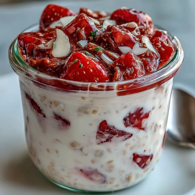 Protein-packed overnight oats topped with ripe strawberries and sliced almonds, perfect for busy mornings.