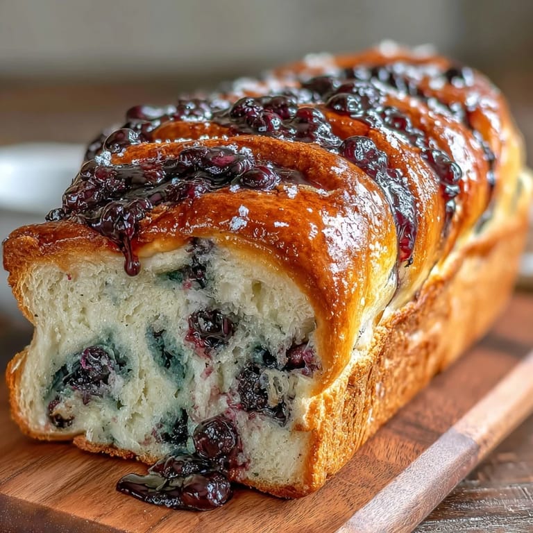 Bright lemon zest and blueberry ribbons twist through soft sourdough bread, baked to golden perfection and ready for slicing.