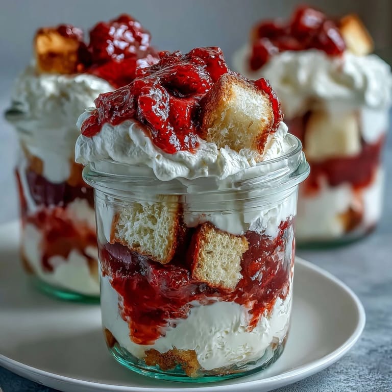 Portable mason jar dessert featuring golden shortcake cubes, juicy strawberries, and sweet vanilla whipped cream.  