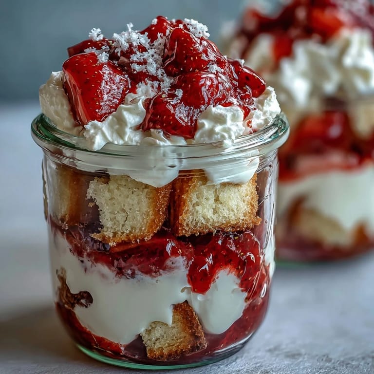 Layered strawberry shortcake trifle in clear mason jars, perfect for picnics, parties, and charming individual servings.