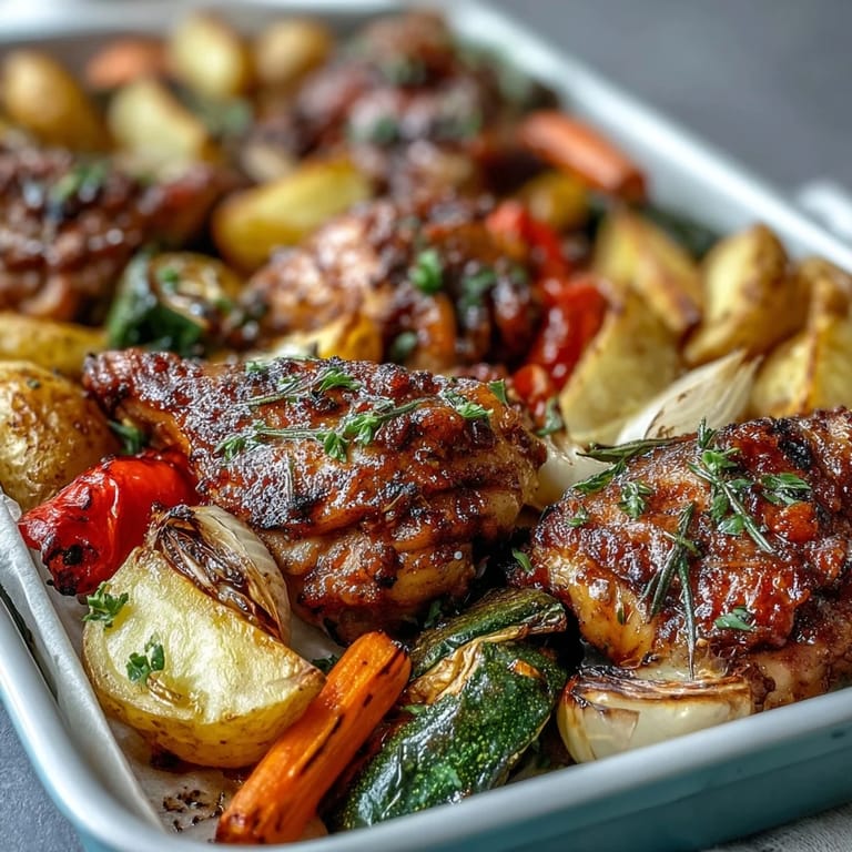Golden roasted chicken thighs and tender vegetables, seasoned with smoked paprika and thyme, baked together for a flavorful one-pan meal.