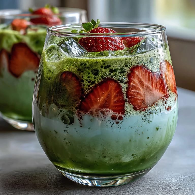 Refreshing and colorful homemade strawberry matcha latte served in tall glasses, featuring a beautiful gradient of red, white, and green layers.