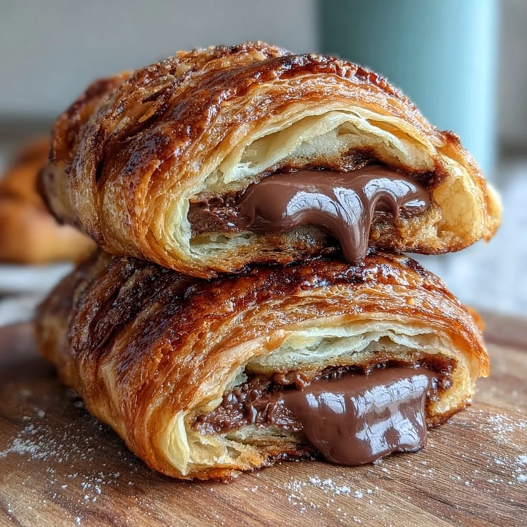 Layered sourdough croissants bursting with melted dark chocolate, offering a tangy, indulgent bite for pastry lovers.