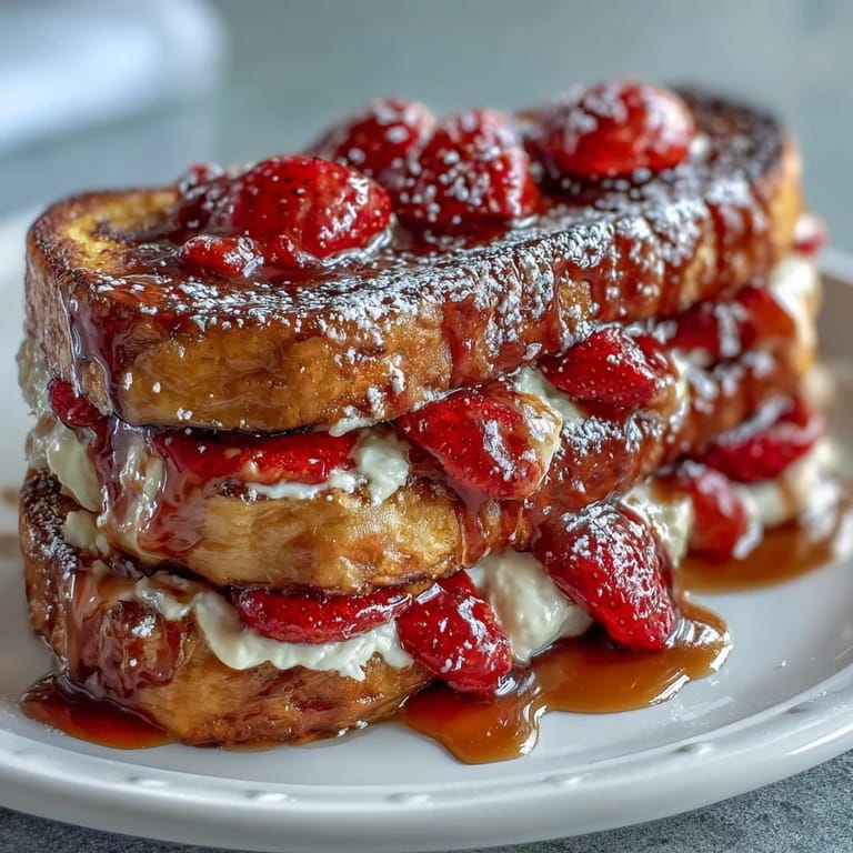 Luscious baked French toast casserole layered with brioche, strawberries, and creamy custard for brunch.