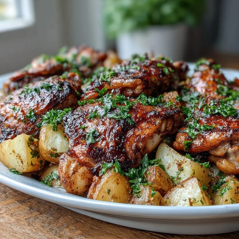 Sheet pan dinner with tender chicken thighs, carrots, and potatoes, seasoned with herbs, ideal for a healthy family meal.