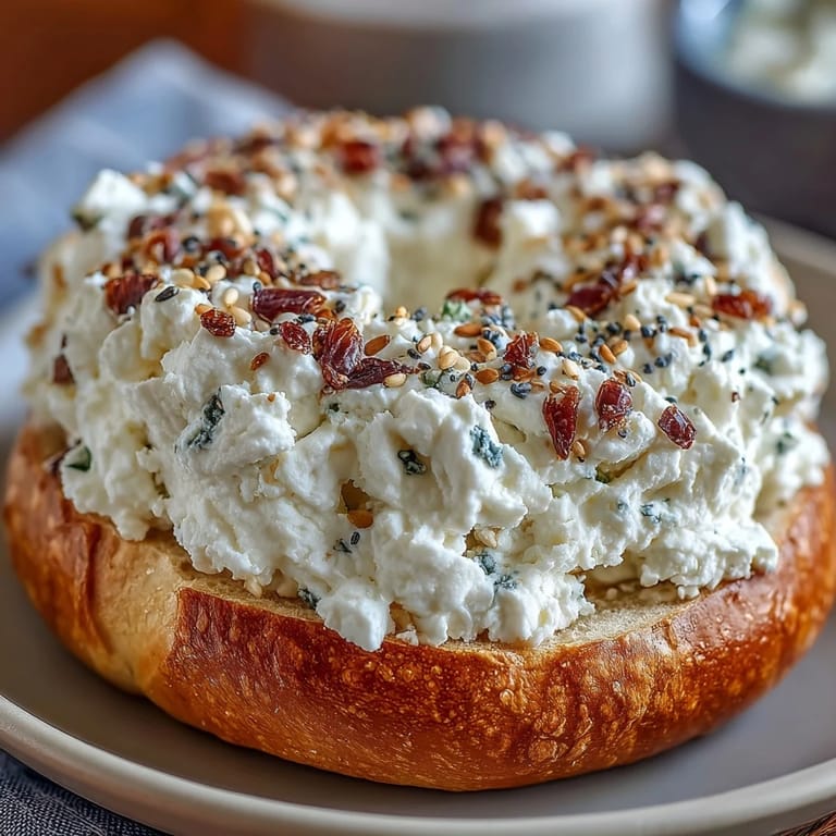 Four protein-packed cottage cheese bagels topped with everything seasoning, ready to slice and serve.