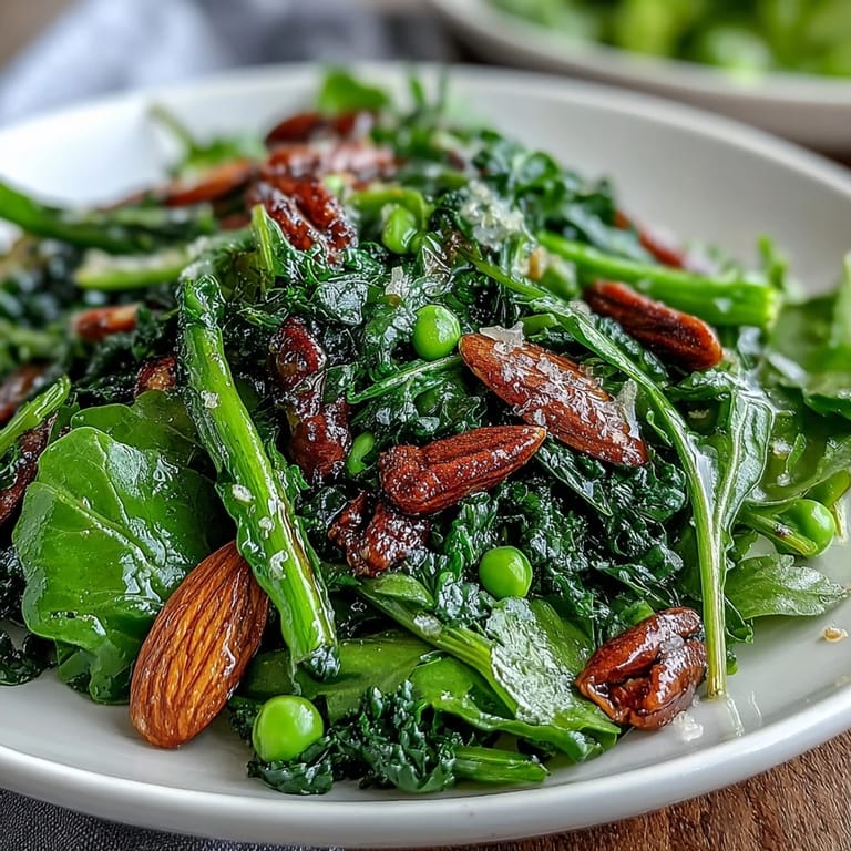 Refreshing honey mustard spring green salad featuring crunchy snap peas, radishes, and sliced almonds for a light, flavorful dish.  
