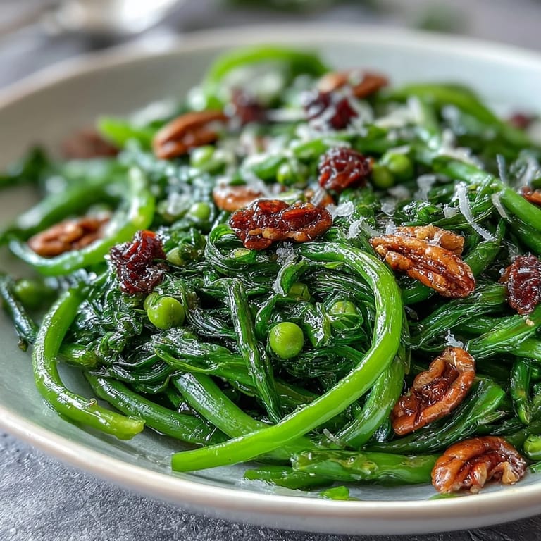 Shaved asparagus ribbons and sweet peas tossed in zesty lemon dressing, garnished with radishes and toasted nuts for crunch.