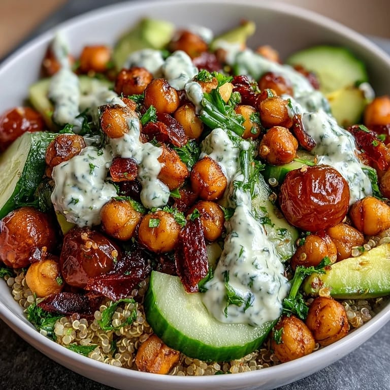 Colorful Mediterranean-inspired grain bowl with crispy chickpeas, vibrant veggies, and tangy lemon dressing.