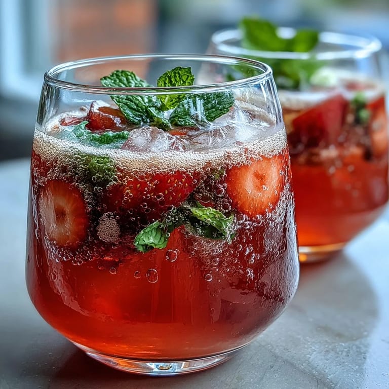 Bright strawberry lemon mocktail in chilled glasses, garnished with whole berries and lemon slices, perfect for spring gatherings.