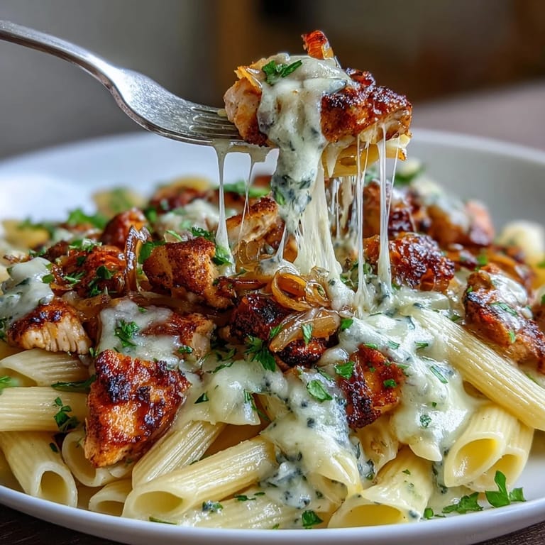 Savory French onion chicken pasta in a Dutch oven, bubbling with golden caramelized onions and melted mozzarella.