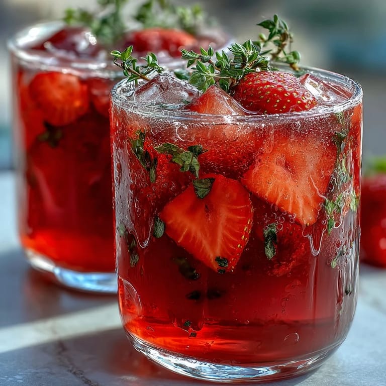 Refreshing strawberry basil lemonade mocktail served over ice with sliced strawberries and a basil sprig, ideal for outdoor gatherings.