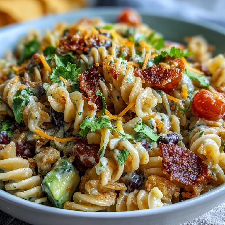 A close-up shot of a finished taco pasta salad with creamy dressing, garnished with fresh cilantro and lime wedges.
