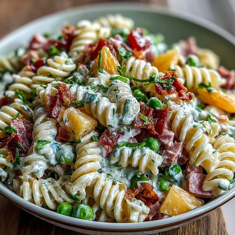 Creamy ranch pasta salad loaded with sweet pineapple, savory ham, and crisp vegetables, ideal for a refreshing lunch.  