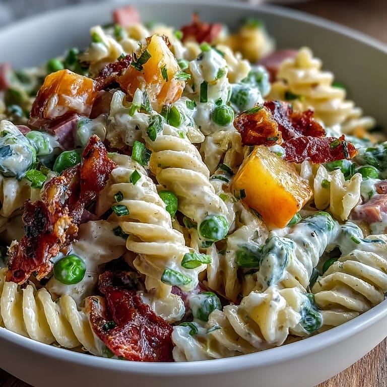 Tropical pasta salad featuring juicy pineapple, tender ham, and crunchy veggies tossed in a rich ranch dressing.