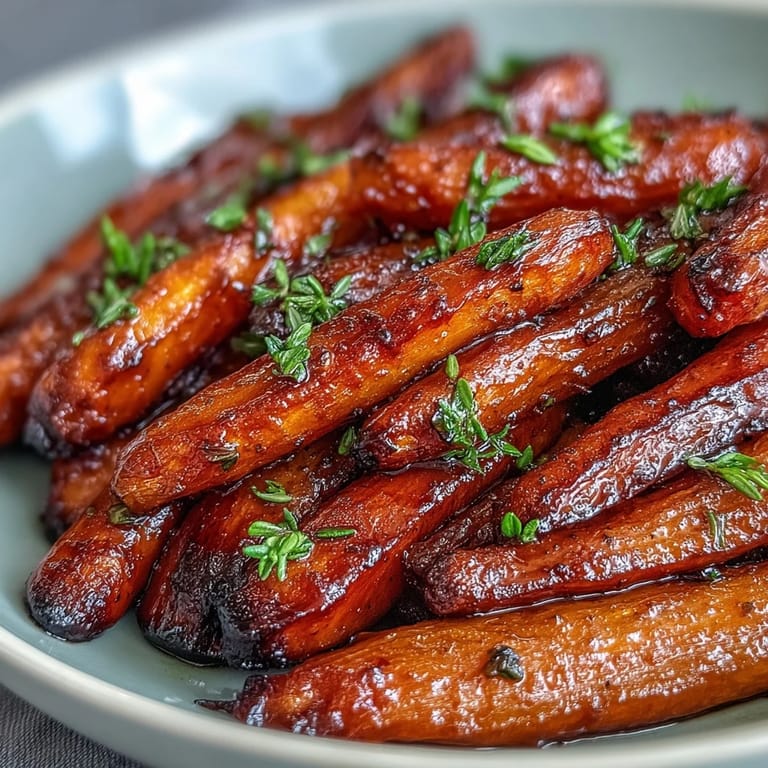 Tender honey-glazed carrots roasted with thyme, offering a sweet and savory flavor that pairs beautifully with holiday roasts or festive meals.