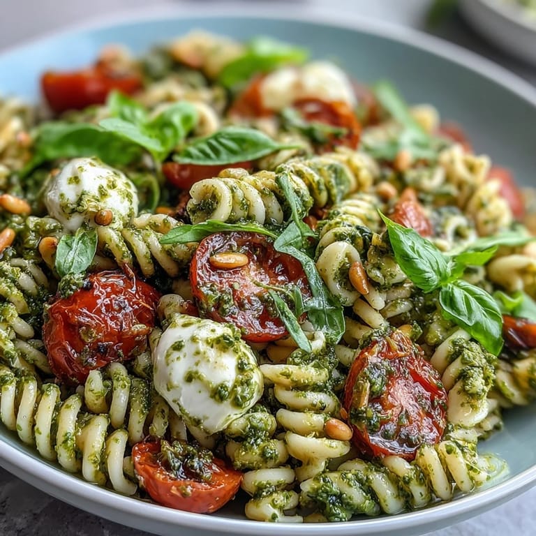 Colorful Summer Pasta Salad with Pesto, Cherry Tomatoes, and Mozzarella, featuring juicy tomatoes and creamy cheese on a picnic table.