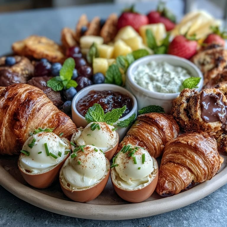 Colorful spread of deviled eggs garnished with paprika, seasonal berries, grapes, and mini croissants on a wooden serving board.