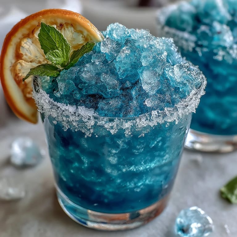 Tangy lemon and sweet blue raspberry blend into a frosty slushie, served with a sugared rim for extra sparkle.