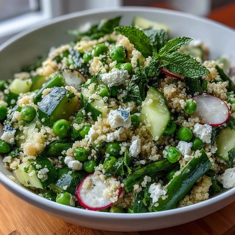 Fluffy couscous tossed with tender spring peas, fragrant mint, and crunchy radishes for a refreshing Mediterranean salad.