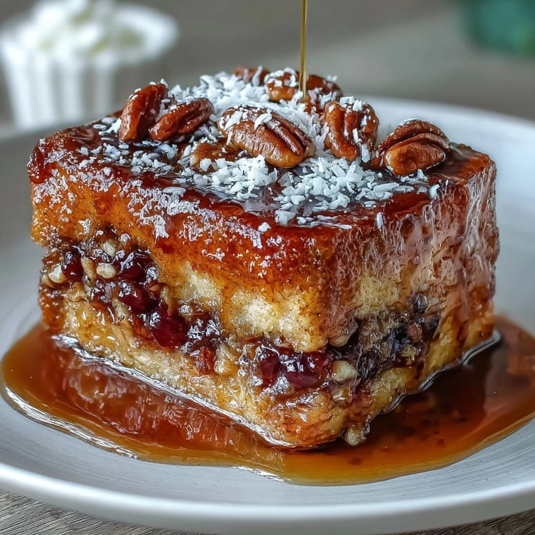 2. A comforting slice of Capirotada Mexicana showcases golden bread soaked in spiced syrup, topped with melted cheese and crunchy nuts.  