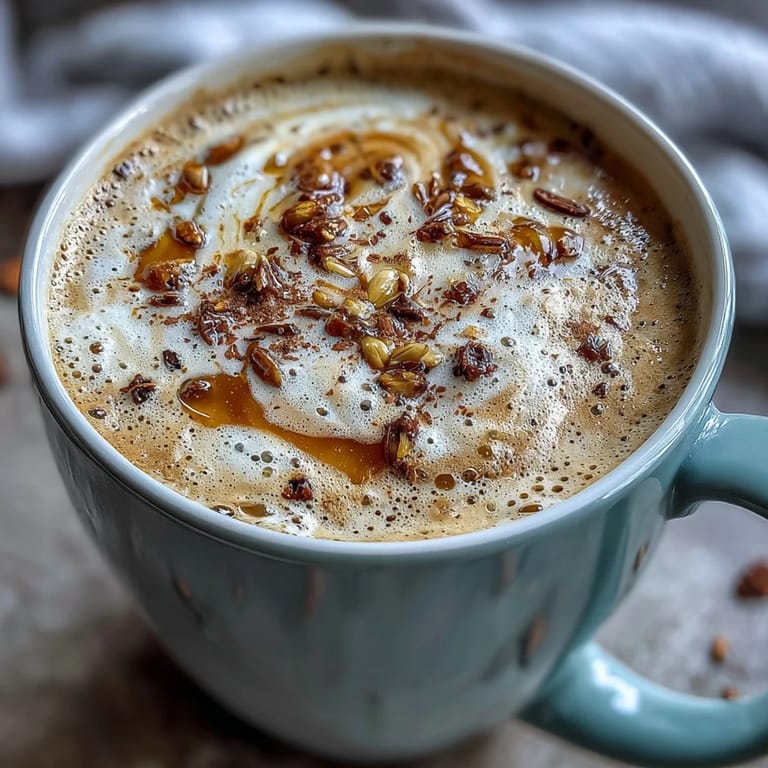 Warm dandelion tea latte with oat milk and vanilla, frothed to perfection, garnished with a sprinkle of cinnamon.