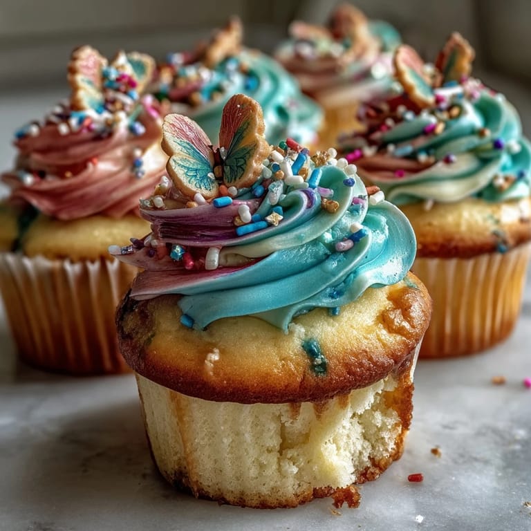 Delicate vanilla cupcakes crowned with swirled pastel buttercream and edible butterfly decorations for a whimsical spring dessert.  