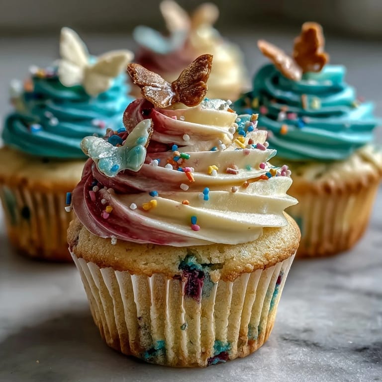 Soft vanilla cupcakes topped with colorful swirled buttercream and charming butterfly accents, perfect for Easter or garden parties.