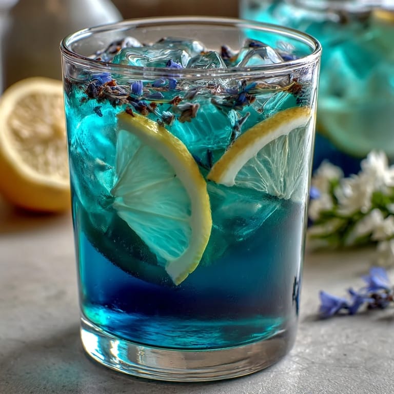 Refreshing butterfly pea flower lemonade changing from deep blue to vibrant purple when citrus meets the natural infusion.