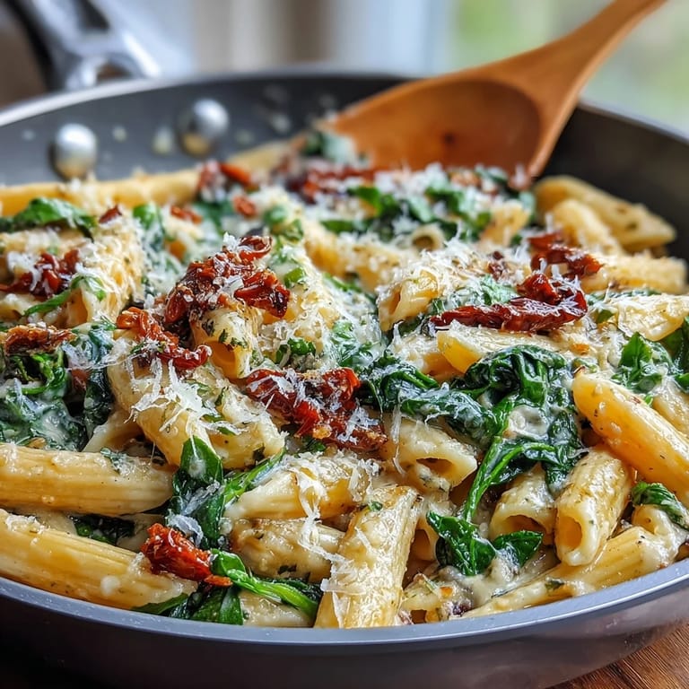 Hearty One-Pot Tuscan Pasta featuring creamy sauce, ready in thirty minutes.