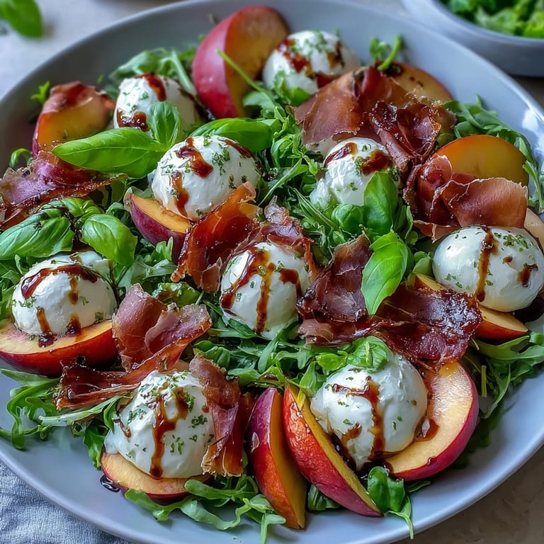 Juicy peach and burrata salad with prosciutto, drizzled with balsamic glaze.