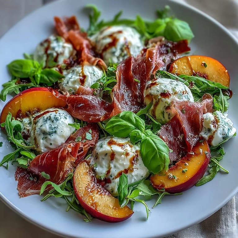 Vibrant burrata peach salad, a refreshing Italian-inspired dish with salty prosciutto.