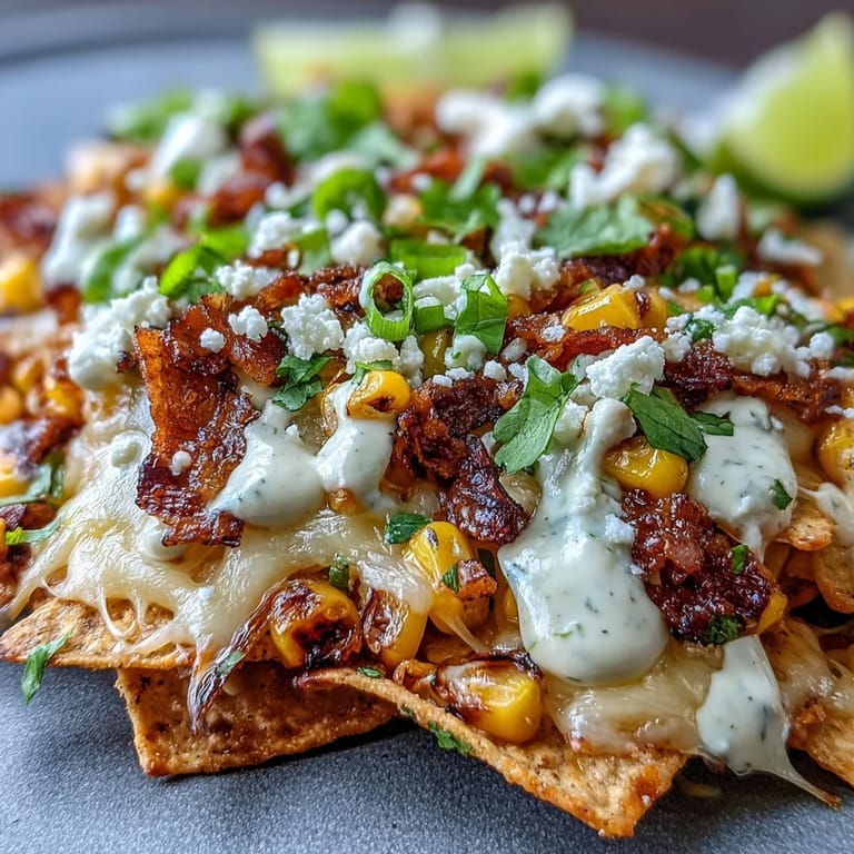 Crispy nachos bursting with sweet corn and zesty chipotle crema drizzle.
