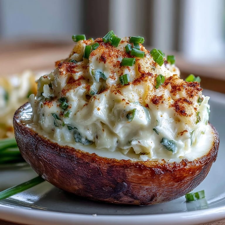 Elegant deviled eggs featuring savory crab and a zesty Old Bay sprinkle.