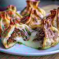 Caramelized French Onion Soup Dumplings with crispy golden bottoms and gooey Gruyère cheese filling.