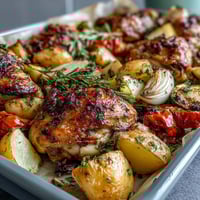 Sheet Pan Chicken with Roasted Vegetables – juicy chicken thighs and colorful roasted vegetables on a single pan, perfect for easy weeknight dinners.