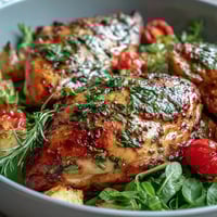Vibrant spring dinner sheet pan chicken with zucchini and cherry tomatoes, roasted to perfection with fresh herbs and garlic.