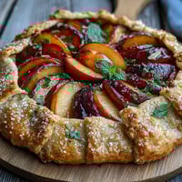 Rustic summer stone fruit galette with frangipane, golden pastry edges cradling juicy peaches, plums, and cherries.