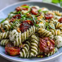 Vibrant Summer Pasta Salad with Pesto, Cherry Tomatoes, and Mozzarella, served in a white bowl with fresh basil garnish.