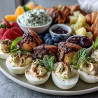 Vibrant Easter brunch board with deviled eggs, fresh fruit, and assorted pastries, perfect for a festive morning gathering.